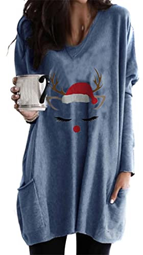 OMZIN Femmes Verre à Vin Rouge Noël Sweatshirt Joyeux Noël Santa Hat Graphic Blouse T-Shirt Tops Bleu Moyen S