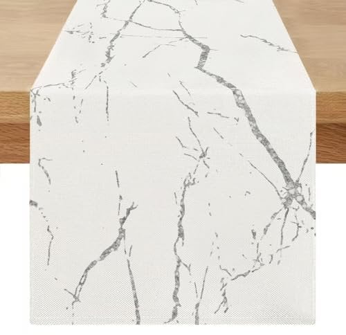 Frühlings Sommer Tischläufer Abwaschbar Modern 40 x 140 cm Weiß Grau Marmor Goldene Textur Tisch Läufer Leinen Abstrakte Waschbarer Tischläufer für Küchentisch, Esszimmer, Kommode