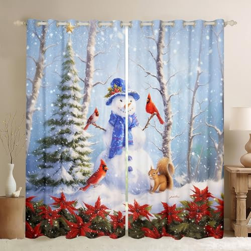 Loussiesd Kinder Schneemann Vorhänge 260x140cm Rote Kardinäle Blickdichte Vorhänge Mädchen Jungs Teens Nettes Eichhörnchen Blumen Floral Fenstervorhang Schneeflocke Winter Gardinen