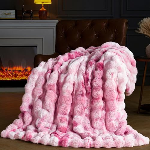 YBIKE Kuscheldecke Flauschig Bubble Decke, Kunstfelldecke Plüschdecke Fellimitat Kunstpelz Decke für Sofa, Schlafzimmer und Wohnzimmer, Heimdekoration (Batik Rosa) 150x130cm