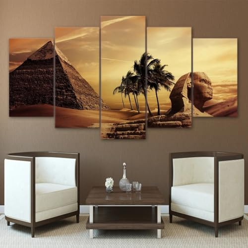 ZQSYFEWET Leinwandbilder XXL Wohnzimmer Bilder Groß Bild auf Leinwand 5 Teilig Pyramiden in Ägypten, Sphinx, Sonnenuntergang Wandbilder Schlafzimmer Wandbilder KüChe Wanddekoration Wohnzimmer