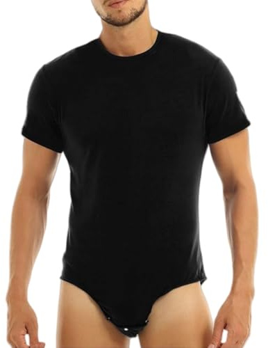 Men's Short Sleeve One Piece, Round Neck Press Button Crotch Bodysuit, Casual Relaxed Fit Basic Onesie Leotard Undershirt for Going Out, Solid Wrestling Singlet Athletic Romper Pajamas Nightwear