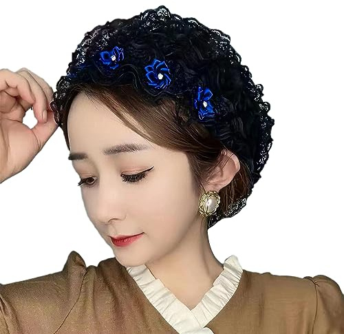 CHICIRIS Damen-Kopfbedeckung mit Spitze, Stilvoll, Elegant, 5 Blumen, Leicht, Atmungsaktiv, für Party, Alltag, Organza-Material (Schwarzer Hut 5 Blumen)