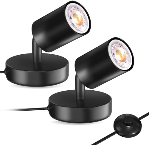 BrightWish Pack de 2 Focos LED de Interior con Interruptor de Pie, 6W Iluminador para Plantas de Interior, 3000K Blanco Cálido, Enchufe UE, Proyector para Plantas, Cuadros, Obras de Arte