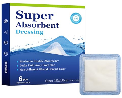 Super Absorbent Wound Dressing 10x10cm Sterile Non Adhesive Bandage 6 Pack Heavy Exudate Gauze Pads Fast Healing Superior Moisture Absorption for Wound Care Pressure Ulcers