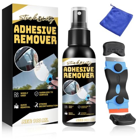 StinkBlitz Klebereste Entferner Spray 100ml, Starker Klebstoffentferner,Aufkleberentferner,Klebstoffentferner Set mit Schaber und Tuch, Adhesive Remover für Aufkleber und Etiketten