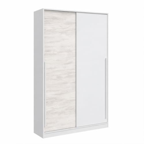 Bricozone Armadio Guardaroba 2 Ante Scorrevoli Salvaspazio Barra Appendiabiti E 4 Ripiani Design Scandinavo Camera Da Letto Cameretta 200x120x50 Cm (Bianco e Rovere)