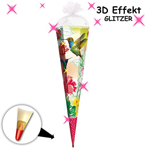 3-D Effekt - Glitzer + Rüschenborte ! Schultüte - Vogel Kolibri & Blumen - 70 cm - Filzabschluß - Zuckertüte - mit Holzspitze - Roth - Mädchen - Blüten ..