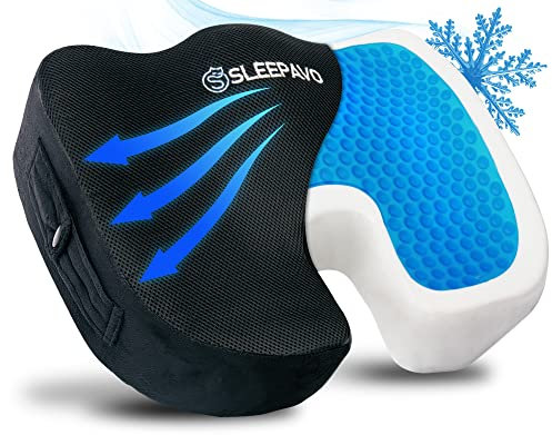 Sleepavo Gel-Sitzkissen aus Memory-Schaum, mit Kühlgel für Ischias, Steißbein, Rücken, Schmerzlinderung – orthopädische Stuhlauflage für Unterstützung in Bürostuhl, Auto, Rollstuhl und Flugzeug