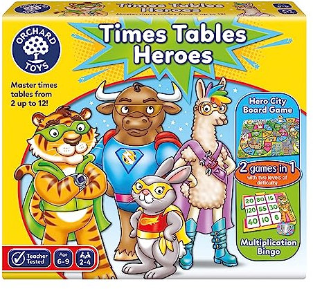 Orchard Toys Times Tables Heroes - 2 in 1 Maths Games for Kids with Multiplication Bingo and Counting Board Game - Children’s Learning and Educational Math Games for 6-9 Year Olds - 2-4 Players