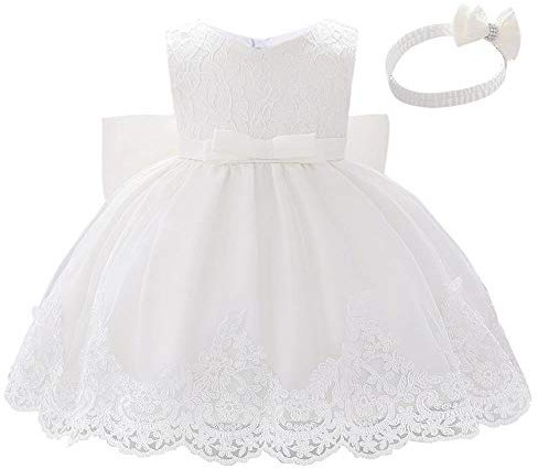 Lito Angels Vestito Elegante per Bimba Bambina, Abito Principessa per Cerimonia di Festa di Compleanno, con Cerchietto a Fiocco, Taglia 18 Mesi, Bianco