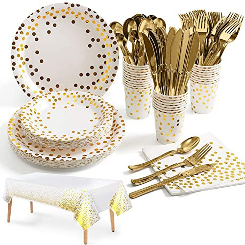141Stück Weißgold Partygeschirr,Partyzubehör Pappteller Set,Wiederverwendbar Papier Geschirr Set einschließlich Tischdecke Teller Becher Servietten zum Geburtstag,Hochzeiten,Jubiläums(20 Gäste)