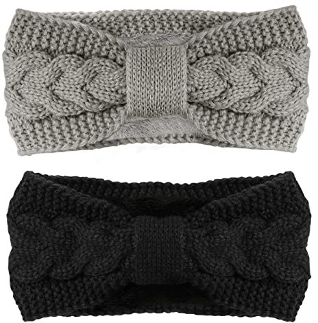 Telgoner Stirnband Damen Winter, 2 Pcs Stirnbänder Strick, Haarband Ohrenwärmer Elastische, Haarbänder Verdicken Headwrap Kopfband für Damen/Frauen/Mädchen(Dunkelgrau + Hellgrau)