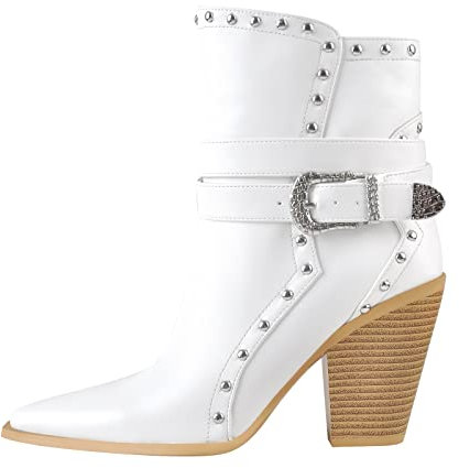 Only maker Damen Halbstiefel mit Blockabsatz Spitze Cowboystiefel Knöchelstiefel Warm gefürtterte Kurzschaft Stiefeletten mit Absatz Weiß EU 42