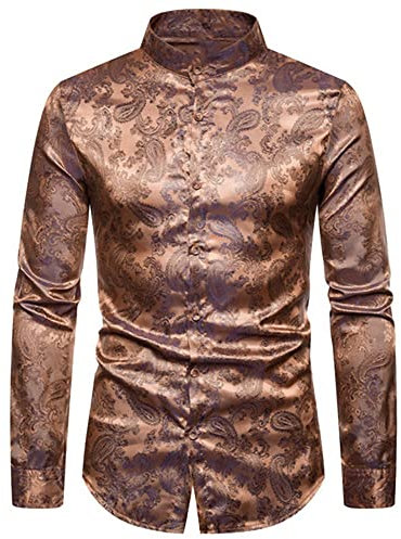 NW Men's Silk Satin Shirts Floral Long Sleeve Casual Male Slim Fit Print Shirt Gold