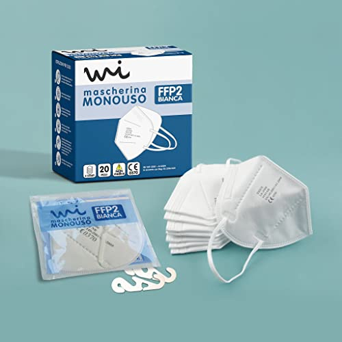 Brigros - Mascherine FFP2 Bianche a 5 Strati - Certificate CE 0370 - Mascherine FFP2 Confezionate Singolarmente - Protezione Con Filtraggio al 95% (20 Pezzi, Bianco)