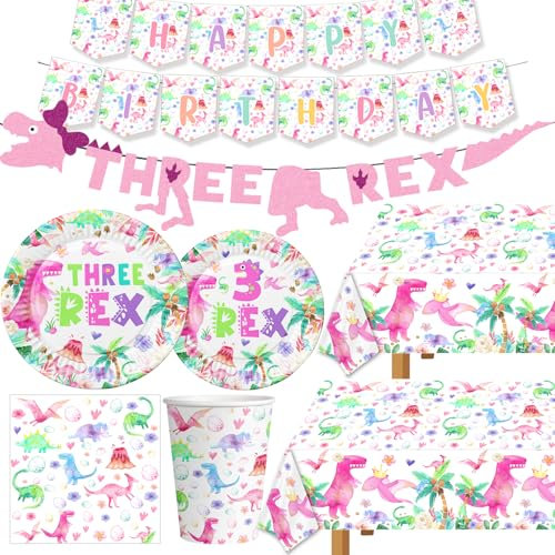 Watercolor Dinosaur Birthday Party Supplies 3 Year Old Girl Three Rex Plates Napkins and Cups Banners Table Cloth Pink Three Rex Birthday Party Decorations for Girls T-Rex 3 Rex Dinosaur Bday(Three)