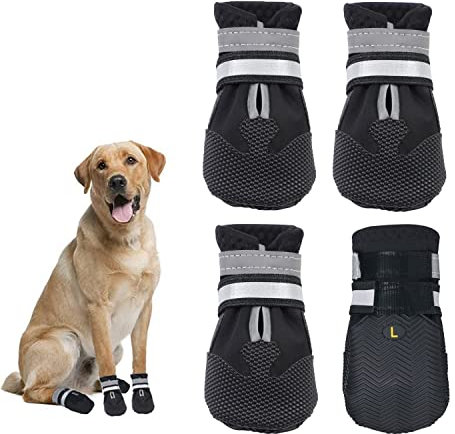 Dricar Dog Shoes, Set of 4 Dog Boots for Injured Paws, Waterproof Anti Slip Dog Shoes for Walking, Paw Protectors with Reflective Straps for Small Medium Large Dog (XXL, Black)