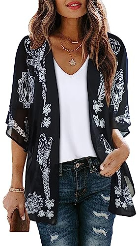 florynova Womens Kimono Cardigan Loose Beach Cover Ups(Black Print,L)