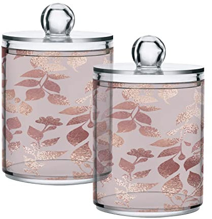 JUMBEAR 2 Pack Rose Gold Leaves Qtip Holder Organizer Dispenser，Bathroom Storage Canister Cotton Ball Holder Bathroom Containers for Cotton Swabs/Pads/Floss