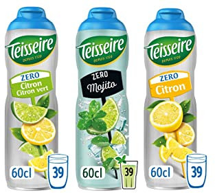 Juego de 3 jarabes de té cero azúcares (limón, mojito, limón) para bebidas refrescantes, cócteles, bidón reciclable 3 x 60 cl