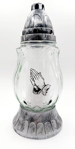 Grabkerze Trauerlicht Weiß Gedenkkerze Grablampe aus Glas mit Betenden Händen für Friedhof ca. 25cm Hoch