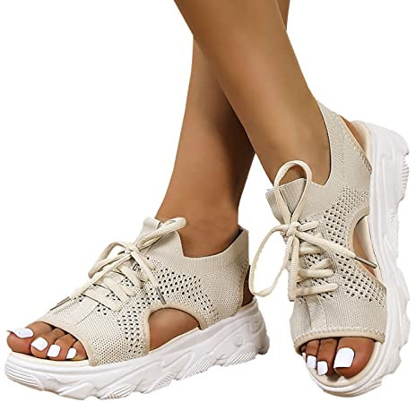 MeiLyviba Damen Sandalen Bequem Flach Klettverschluss Sandaletten Mit Absatz Sommer Vintage Elegant Schnüren Schuhe Ultraleichte Tennisschuhe Stretch Fly Woven Sommerschuhe