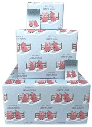 Twizler Lustiges Weihnachts-Geschenkpapier – Schweine in Decken – 2 Bögen und 2 Anhänger – 70 cm x 50 cm gefaltete Blätter – lustiges Weihnachts-Geschenkpapier