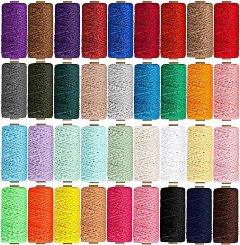 36 Rolls Colored Macrame Cord 3 mm x 1152 Yards, Natural Cotton Macrame Rope, 4 Strands Twisted Macrame Cotton Cord for DIY Crafts, Wall Hanging, Plant Hangers, Crafts, Knitting