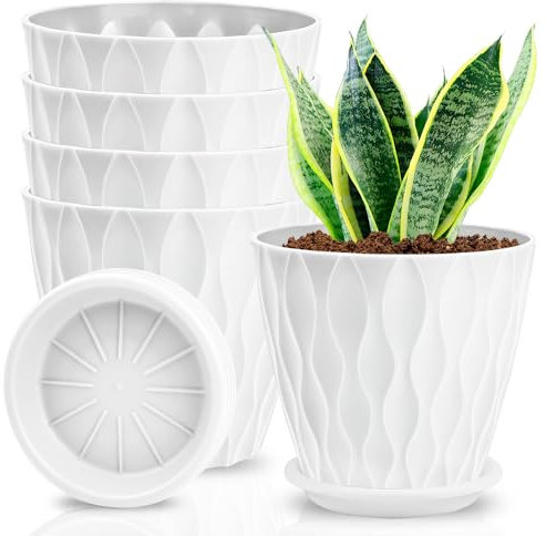 Enenes 5 Pack 15cm Plastic Planters Indoor, Planters with Drainage Hole and Tray, Plastic Flower Pots,Plastic Plant Pots for Decoration,Decorative Round Plant Pots
