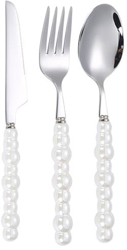 Set di Posate Perlate in Acciaio Inossidabile 304 con Manico in Ceramica di Pregevole Fattura, Stile di Lusso con Manici in Ceramica Perlata, Adatto per Casa, Ristorante, Hotel