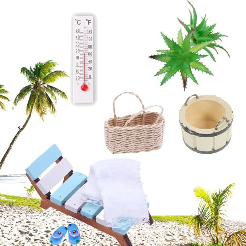 Norhogo 8 Teile Puppenhaus Mini Sommer Strand Holzliege, Mini-Strandstuhl-Set, Miniatur-strandkorb Mikroszene Statue Sommer, Strand-Sonnenstuhl-Set für Foto-Requisiten, Zubehör, Ornamente
