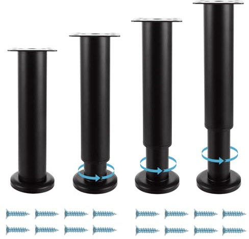 MUXHEL Lot de 4 pieds de meubles réglables en hauteur de 18 à 30 cm - En métal noir - Pieds d'armoire - Pour bricolage individuel