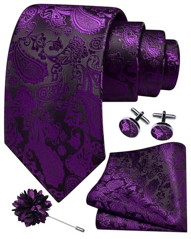 Gusleson Mens Paisley Tie for Wedding Silk Purple Necktie Pocket Square Cufflinks and Lapel Pin Brooch Set (UK6105-30)
