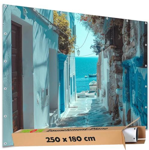 TRIOSK Sichtschutz Garten Deko Zaun Plane Blickdicht groß mit Zaunblende Motiv Blaue Meergasse Griechenland Meer für Zaunelement Doppelstabmatten Stabmattenzaun Gartenzaun PVC 250x180 cm