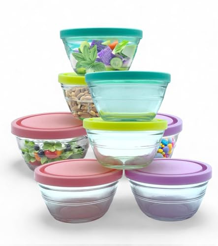 vienberg 16-tlg kleine Glasschalen mit BPA-freiem Deckel | 100% Blei-Frei Glas Aufbewahrungs-Schale, Glasschüssel Glas Schale Bunt, 250ml, Vorratsdosen mit Deckeln Dipschale