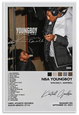 ZFHK Nba Youngboy Poster, Aufrichtig, Kentrell, Albumcover, Poster, Wandkunst, dekoratives Gemälde, Schlafzimmer, 60 x 90 cm, ungerahmter Stil