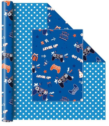WERNNSAI Gaming Wende Geschenkpapierrolle – 1 Rolle 43 cm x 10 m Spiel Geschenkpapierrolle Jungen Kinder Videospiel Geschenkpapier für Geburtstagsspiel Partygeschenk Blaues Geschenkpapier