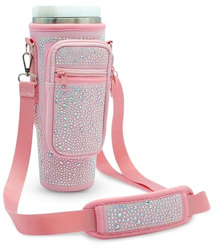 dashfor Stanley Cup Accessories Stanley Cup Bag, Stanley Cup Holder Fit 40/30oz Tumbler, Water Bottle Carrier Bag with Adjustable Phone Pocket, Water Bottle Holder for Walking Hiking Camping (Pink)
