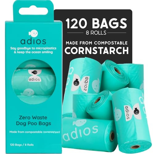 Adios Plastic Biodegradable Dog Poop Bags - Extra Thick Compostable Dog Poo Bags Made from Highest Rated EN13432 Certified Cornstarch | Leak Proof Dog Waste Bags in Mint Colour | 8 Rolls, 120