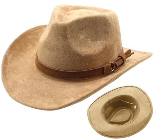 Jeorywoet Filz Cowboyhut, Cowboyhut für Männer, Unisex Wildleder Brown Cowboyhut, klassischer breiter Krempe Fedora mit Verstellbarer Band Perfect Western Hut für Dress -up -Party, Cowboyhut Männer
