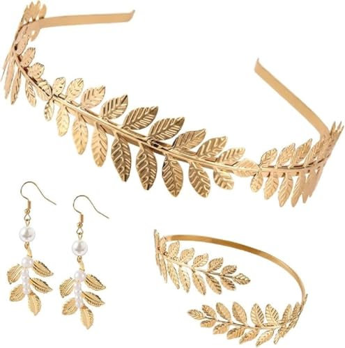 DINGFENG 4 Stück Griechische Göttin Kostüm Schmuck Set，Hochzeit Brautschmuck Oberarmreif Ohrringe Lorbeerkranz Haarspange Armband Goldene Hochzeit Boho Blatt Haar Krone Accessories Mädchen Damen