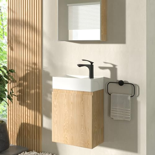 CASAMO Gäste WC Waschbecken mit Unterschrank Premium Waschtisch Set Badmöbel (für rechte Hand, Eiche)