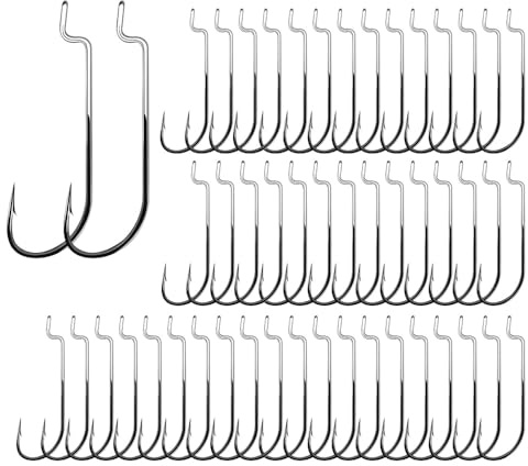 Offset Fishing Hook, 50PCS Wide Gap Worm Fishhooks High Carbon Steel Barbed Bass Fishing Hooks for Catfish Trout 1/0 2/0 3/0 4/0