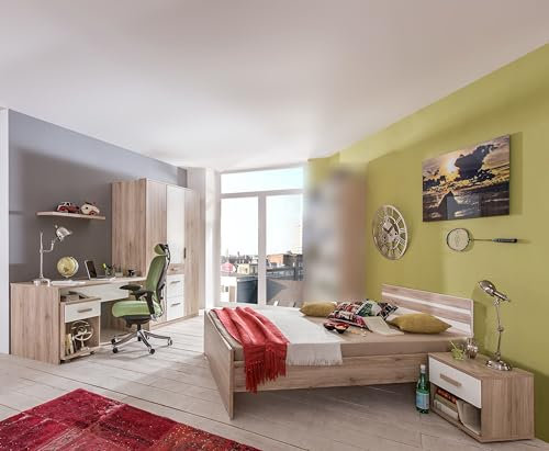 Modernes Jugendzimmer Cariba in Eiche San Remo & Graphit oder Eiche San Remo & Weiß – wahlweise Matratze und Lattenrost - Verschiedene Set Varianten (5 teilig in Eiche San Remo und Weiß)