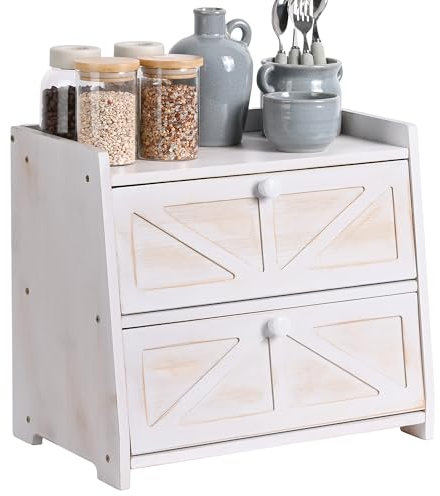 Ollieroo Panera vintage de doble capa para encimera de cocina, contenedor de almacenamiento de pan de bambú de gran capacidad (blanco)