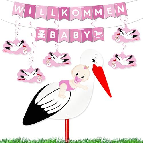 BRUBAKER Baby Deko Set - Willkommen Baby Girlande + Großer Storch aus Holz für Mädchen - Wimpelkette mit Anhängern und Klapperstorch - Willkommensdeko für Babyparty Babyzimmer Dekoration - Rosa