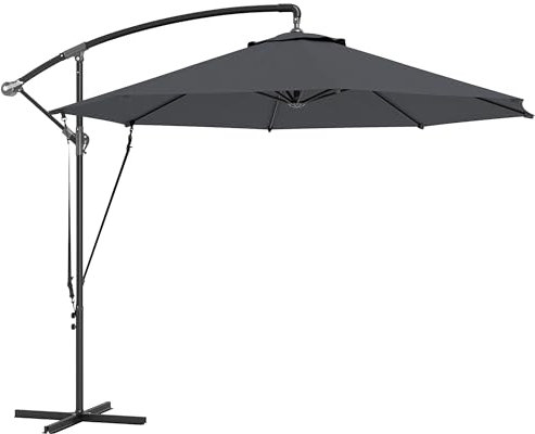 Outsunny Ombrellone Decentrato Ø3 m con Corde Antivento, Prese d'Aria, Base a Croce e Manovella, Ombrellone da Giardino Inclinabile e Girevole in Metallo e Poliestere 180 g/㎡, UV 50+, Grigio Scuro