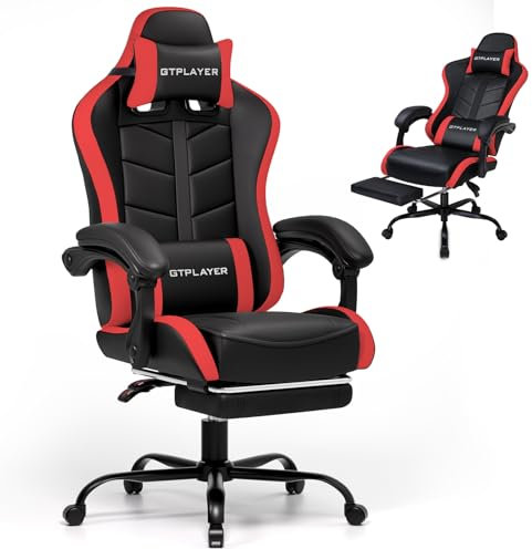 GTPLAYER Gaming Stuhl, Bürostuhl Gamer Stuhl, Ergonomischer Gamer Sessel mit Fußstütze, Gaming Chair PU Leder PC-Stuhl Verbreiterte Rückenlehne 150KG, Rot