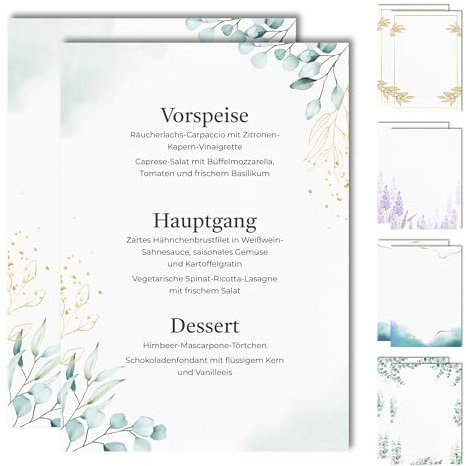 15 Blanko Menükarten für Speisekarten und Getränkekarten für die Hochzeit, Geburtstag, Konfirmation (Eukalyptus 6)
